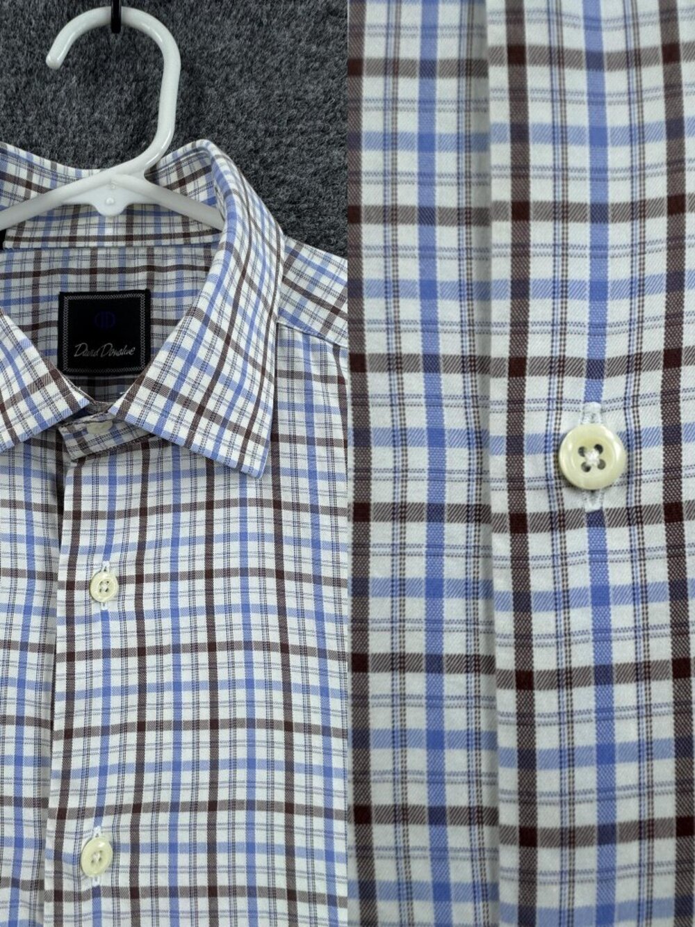 David Donahue Mens Plaid 15.5 34/35 Blue Brown Cotton Shirt Button Up Adult